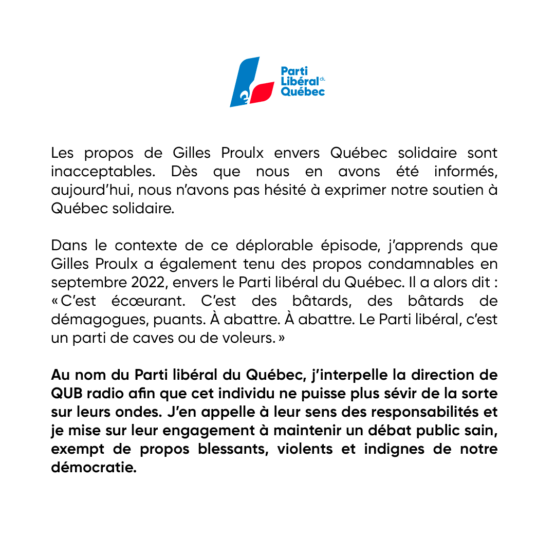 J’interpelle la direction de <a href="/QubRadio/">QUB radio</a> relativement à Gilles Proulx.
Voici ma déclaration. #polqc
