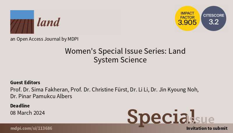 Special Issue for Women in Land Sciences!                                               Deadline extended to 8 March 2024 💫
We are looking forward to your contributions
mdpi.com/journal/land/s…

#iale #landscape_ecology #WomenInScience #SDG5 <a href="/Land_MDPI/">Land MDPI</a> <a href="/PinarPamukcu/">Pinar Pamukcu-Albers</a>
