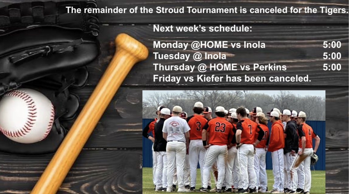 BaseballCushing's tweet photo. After improving their record to 10-0 in pool play today, the remainder of the Stroud Tournament has been canceled. The Tigers look forward to a busy week of district play. 
@Okladrillers https://t.co/iiVKmjfv8B