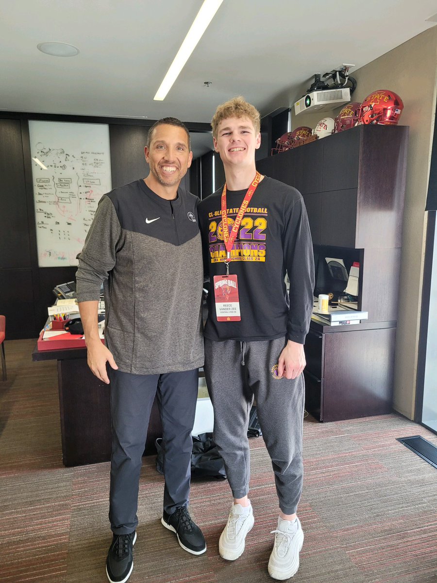 reece_vanderzee's tweet photo. After a great visit and talk with @ISUMattCampbell I am blessed to receive an offer from Iowa State!! Thank you for the great visit and amazing opportunity! @Coach_NPauley @CoachNateISU @CycloneFB @DerekHoodjer @CoachXQuig @T_Mouser https://t.co/4DVie45mWm