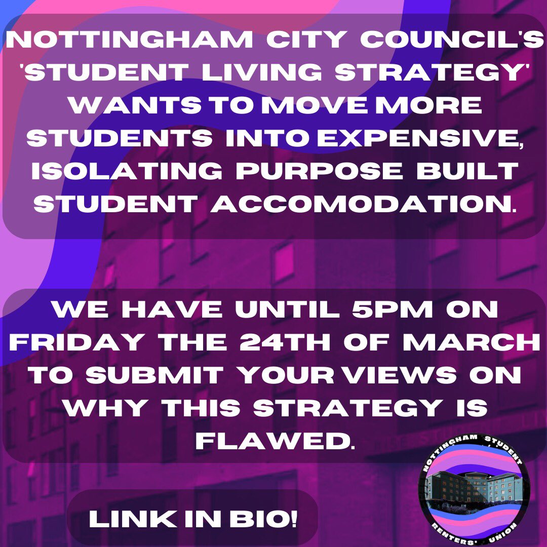 The councils new ‘student living strategy’ is measuring success based on how many students they can push into unaffordable, isolating PBSA’s. 

Respond here to tell them why this strategy is flawed: forms.office.com/pages/response…