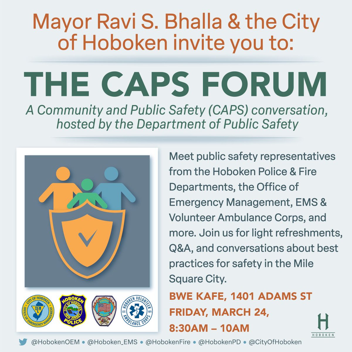 HobokenPD's tweet photo. TODAY is the THE DAY! Please join us this morning  8:30-10am for the CAPS Forum at @bwekafe (northend) for a conversation and Q&amp;A about public safety in @CityofHoboken! Reps from @HobokenOEM, @HobokenPD, @HobokenOEM and @Hoboken_EMS will be on hand.  See you soon! https://t.co/VaVB8tS5SZ