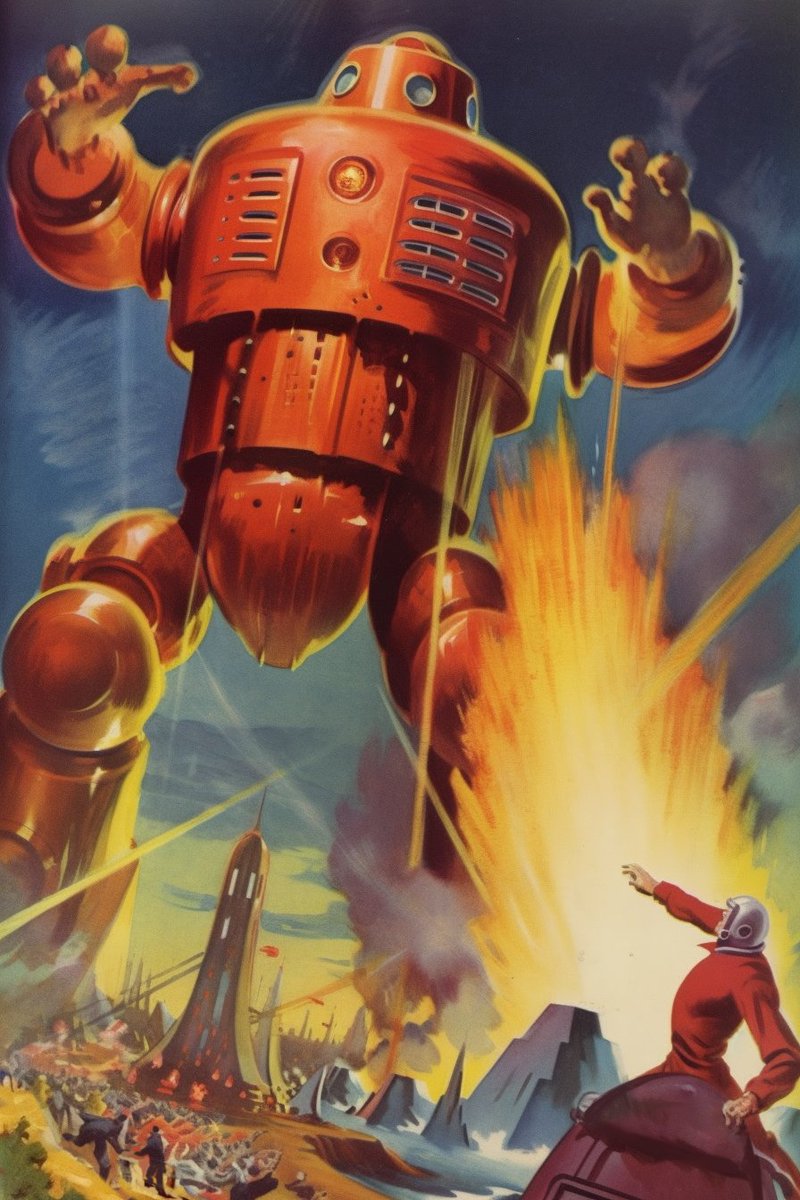 'Well, it finally happened. Giant red robots have invaded Earth and they're demanding to be called 'Sir' and 'Madam.' Looks like the 1950s pulp sci-fi writers were right all along!' 🤖🚀 #RobotInvasion #PulpSciFi #RedMenace #NotTodayRobots #50sVibes #scifiart #scifiartwork