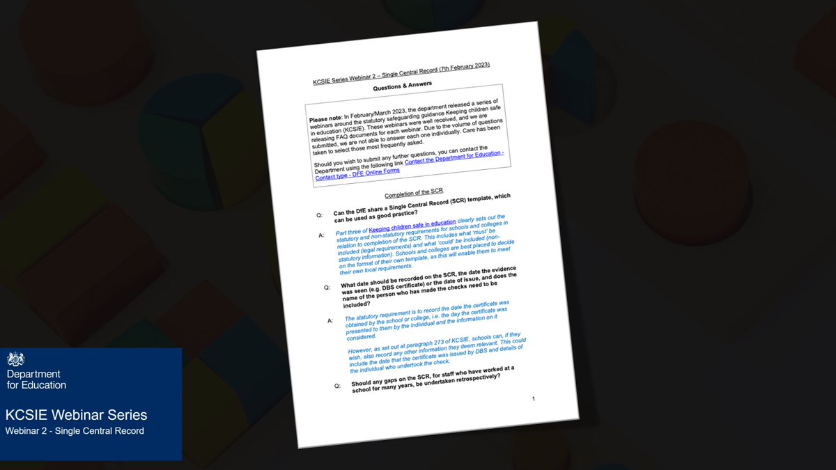 Following my Single Central Record webinar with the DfE, they have published a summary of the most asked questions in the chat.

I am really pleased that DfE can offer clarity for schools &amp; academies in this area.
 
You can download the FAQ document here:
kcsie.orcula.co.uk/downloads/FAQs…