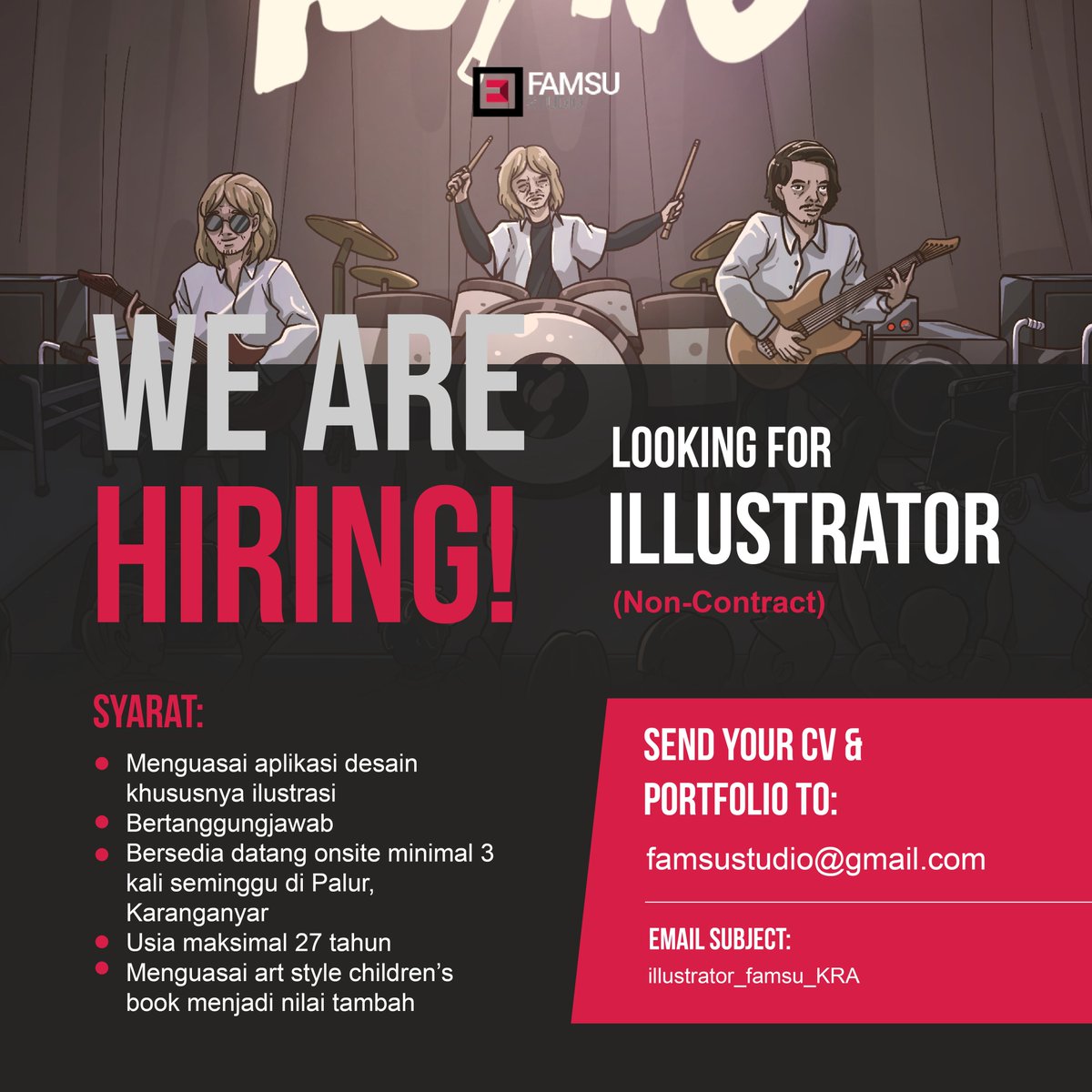 FamsuStudio's tweet photo. Loker Ilustrator (Non-Contract) untuk daerah Solo
#lokerterbaru #lokersolo #lokersurakarta #ilustrator #Loker https://t.co/syswFqYhgA