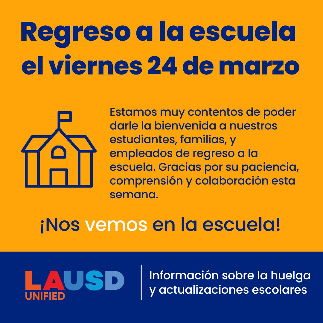 Todas <a href="/LASchools/">Los Angeles Unified</a> reabrirán este viernes, 24 de marzo. Estamos agradecidos por la ayuda y apoyo por parte de nuestros socios, y estamos encantados de poder ver a nuestros estudiantes y empleados de regreso en las escuelas.
