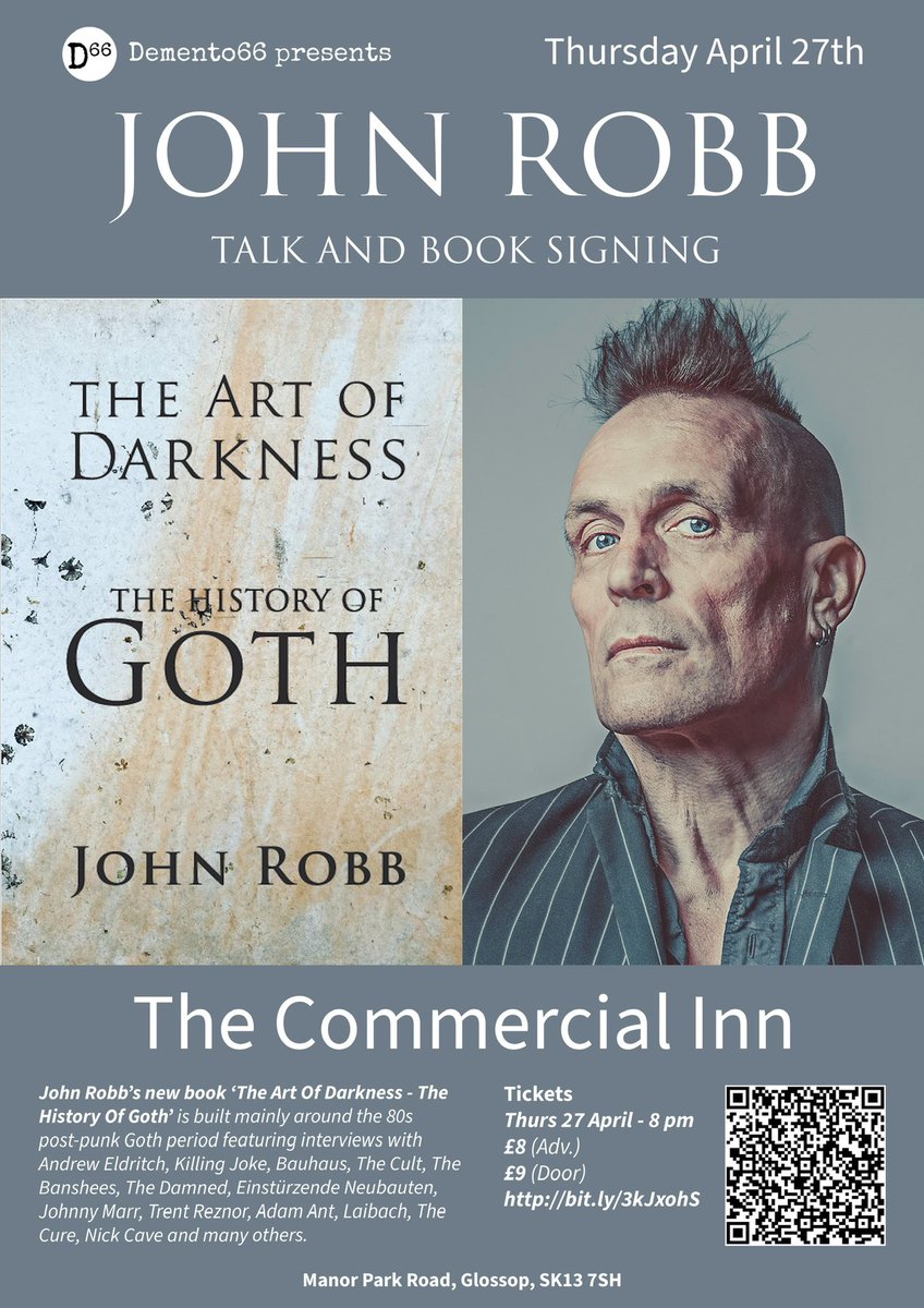 An evening with John Robb talking about his new book ‘The Art Of Darkness - The History of Goth’…. what’s not to like?! Cannot wait. Tickets are selling fast. Remaining tickets available from: linktr.ee/demento66. @johnrobb77