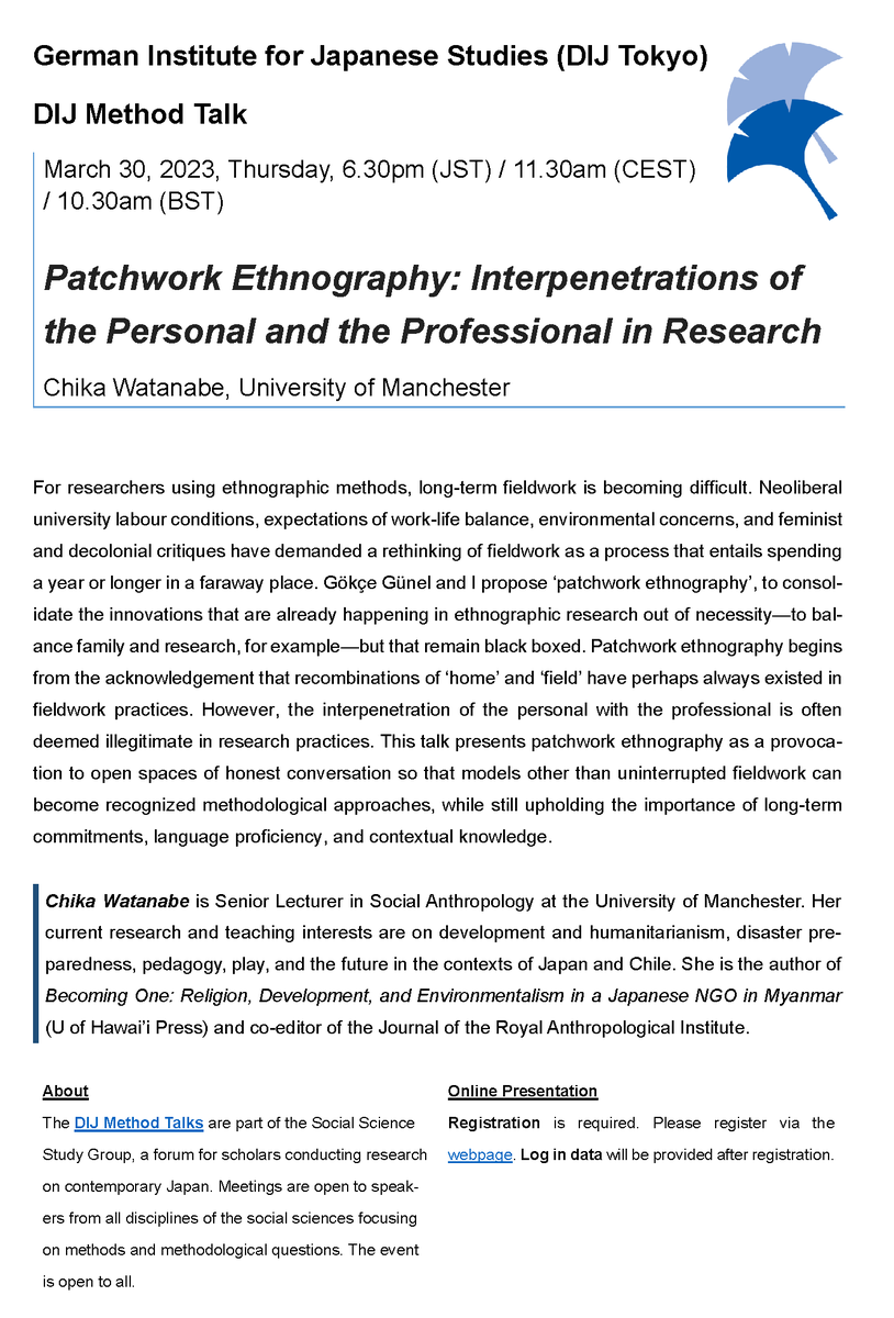 dij_tokyo's tweet image. What is Patchwork Ethnography? Find out in our online DIJ Method Talk 'Patchwork Ethnography: Interpenetrations of the Personal and the Professional in Research' with @drchikawatanabe @PatchworkEthno on 30 March @kott_no. Details &amp;amp; registration dij.tokyo/patchwork