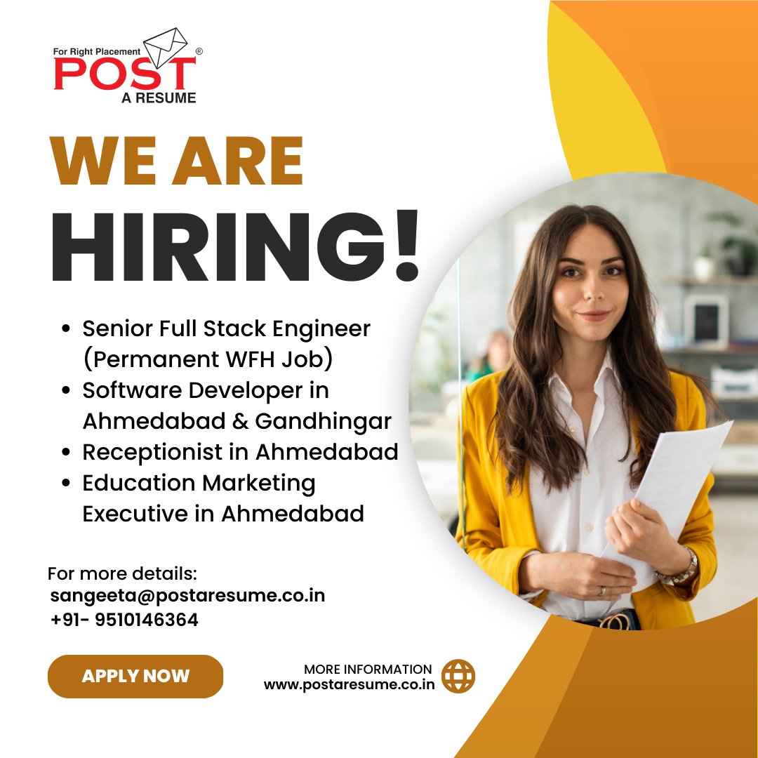 vipulmmali's tweet image. We are hiring...
Call Sangeeta Verma on +91-95101 46364 for more details, and Send your CV to sangeeta@postaresume.co.in before calling her.
#postAresume #FullStackEngineer #WFH #SoftwareDeveloper #Receptionist #Ahmedabad