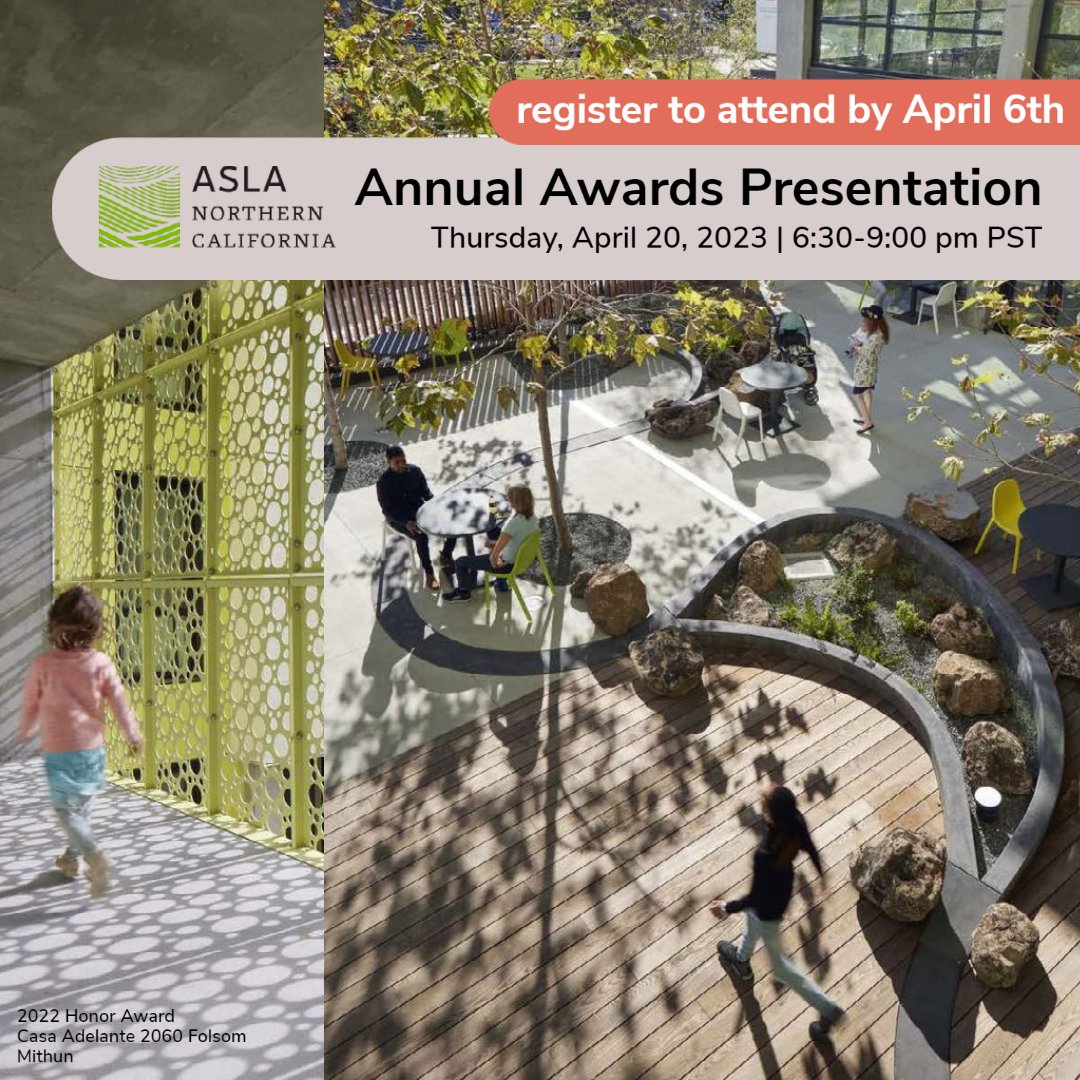 ASLANorCal's tweet image. Join your friends and colleagues as we honor winners of the 2023 ASLA-NCC Professional and Student Awards on April 20! The reception and awards presentation will take place at Lake Chalet in Oakland. 🥂 Register by April 6 at tinyurl.com/ASLANCC2023Awa…. See you there!