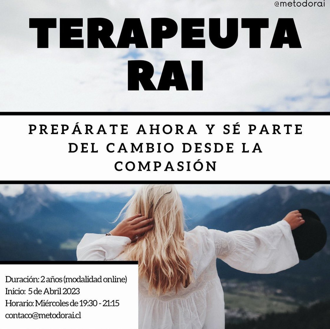 metodo_rai's tweet photo. APRENDE NUESTRA TERAPIA BASADA EN LA COMPASIÓN. Desarrollarás tu percepción e intuición. Manejarás estados meditativos para sanarte y sanar a otros. Aprenderás a regular tus emociones. Y a ser parte y aporte en donde estés. Pide tu entrevista! contacto@metodorai.cl https://t.co/vuU06MaNgx