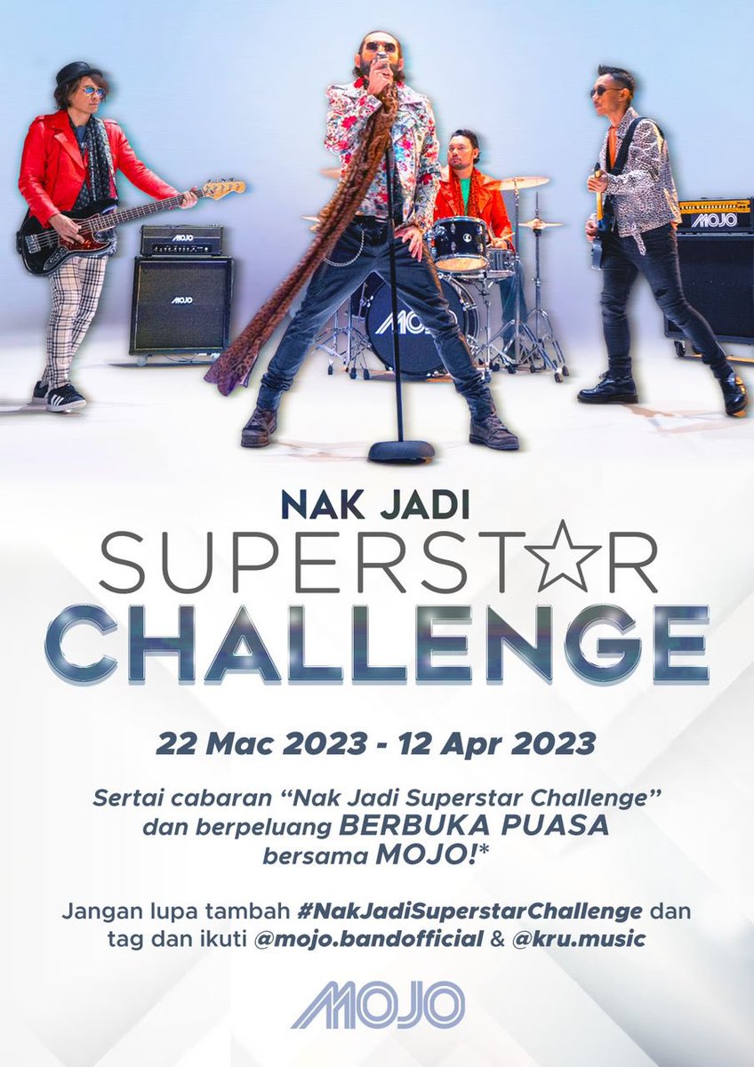 TheBandMOJO's tweet photo. - Hasilkan video kreatif menggunakan korus lagu Superstar! (Tak kisah macam mana asalkan mantap! 🤟🏻) 
- Upload ke social media korang &amp; sertakan #NakJadiSuperstarChallenge 
- Tag @mojo.bandofficial &amp; @kru.music

Senang kan? Ha jom join cepat! 

#MOJO  #NakJadiSuperstarChallenge https://t.co/Zb1DfyiMXQ
