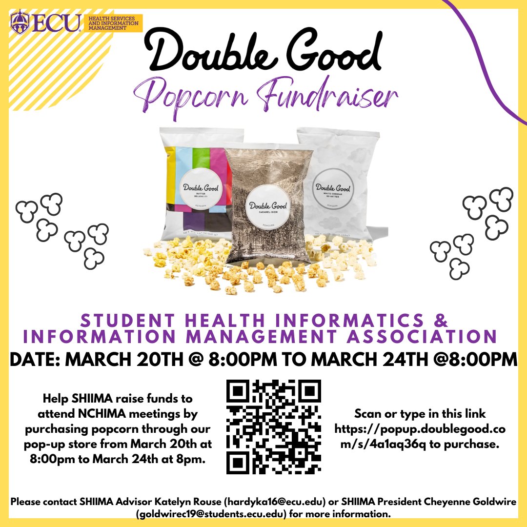 TOMORROW is the last day to order from SHIIMA's Popcorn Fundraiser. The funds will help students attend NCHIMA meetings and events. Make sure to get your popcorn orders in before tomorrow (Friday, March 24th) at 8pm.🍿Scan the QR code below or visit popup.doublegood.com/s/4a1aq36q