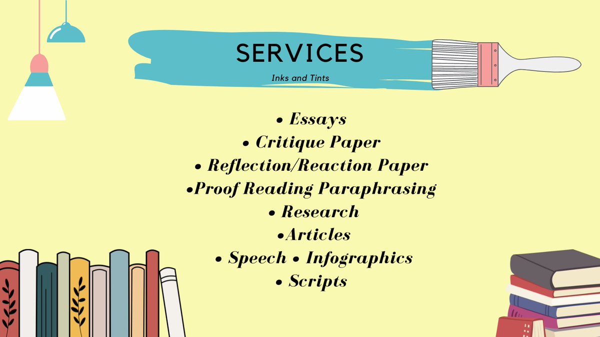 InksTints is up and running 🫶🏻

• Any Write-ups
• Speech
• Scripts
• Research
• Articles/Journals
• Book/Literary/Movie Reviews
• PPTs
• Infographics

Fortes:
• Research
• Science
• History
• Philosophy
• Mathematics
• Poetry/Literary Pieces

lf commissioner