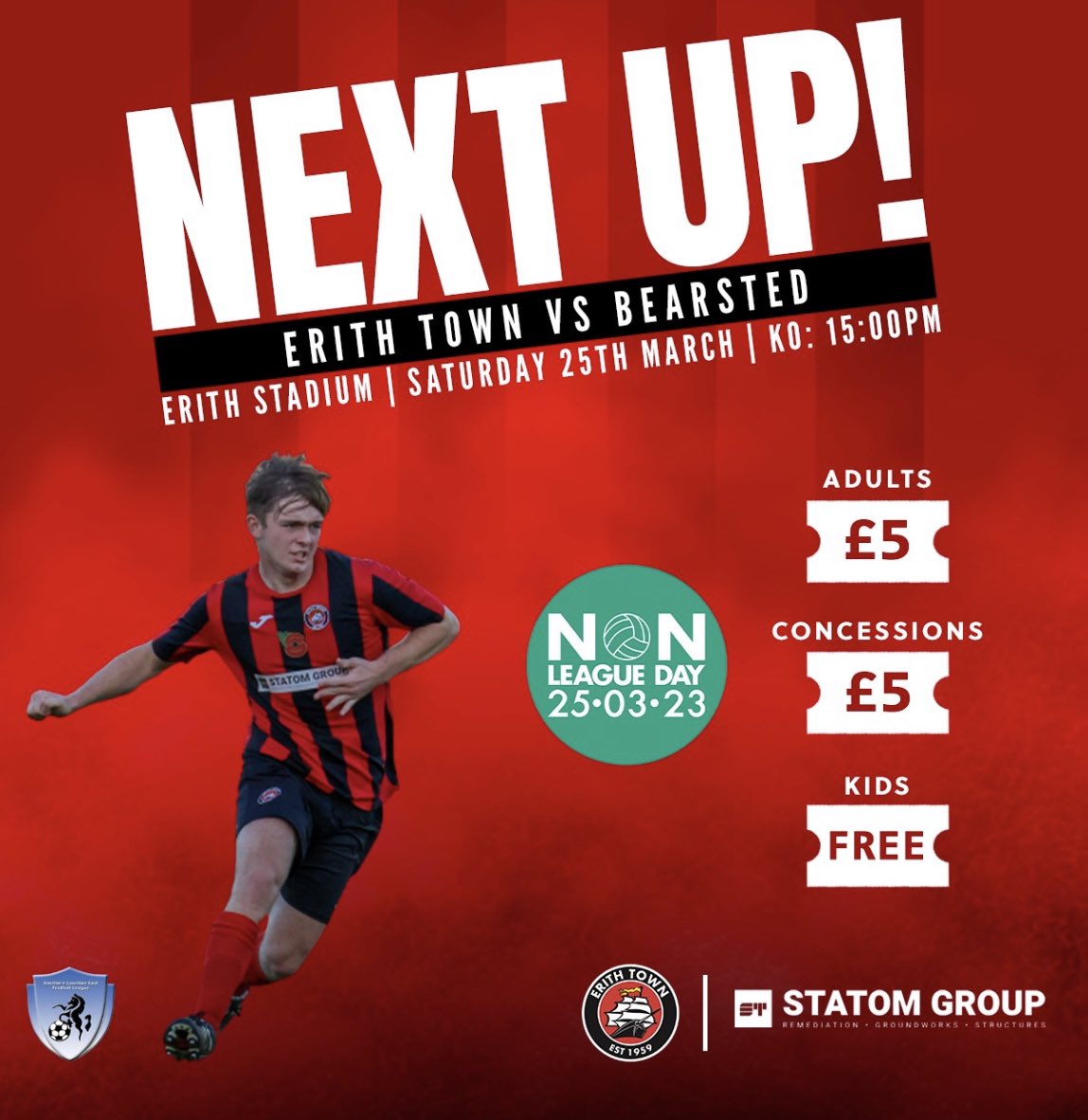 ErithTown's tweet photo. 🔴🟢🔴 NEXT UP! 🔴🟢🔴

🟢FOOTBALL FOR A FIVER🟢

🏆 @SCEFLeague Premier
🆚 @Bearsted_FC 
⏰ Tomorrow 3pm KO
🏟 Erith Stadium
📍 DA8 3AT
🎟 Adults a FIVER! / U16s Free
🫖 Tea Bar / 🍻 Bar upstairs 
#UpTheDockers #NonLeagueDay https://t.co/XuMmUJWuZ4
