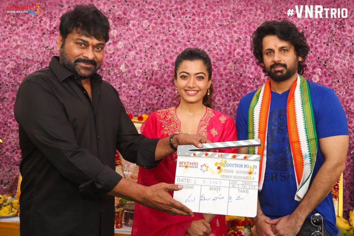 actor_nithiin's tweet photo. A special film made even more special by our dearest Megastar @KChiruTweets Garu ❤️

Thank you sir for blessing our #VNRTrio. It means the world to us.

@iamRashmika @VenkyKudumula @gvprakash @MythriOfficial https://t.co/zyz5RbhU49