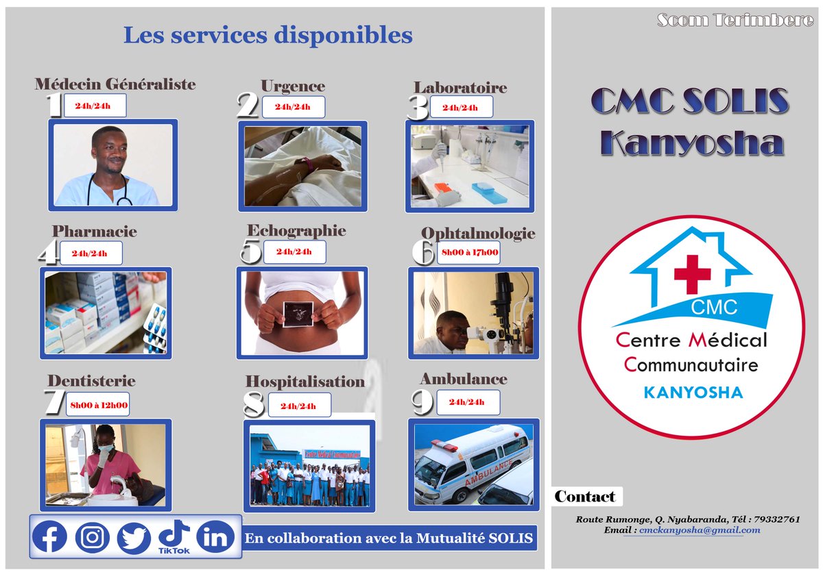 MutualiteSolis's tweet photo. #CMC_Kanyosha imwe mu migambi ikomeye ya #SCOM_TERIMBERE irabamenyesha urutonde n’amasaha abaganga baho bakorerako, ntutangwe rero kwivuriza kuri #CMC_Kanyosha igihe cose amagara agukitse.
voir photo https://t.co/wxFIB2Q0cc