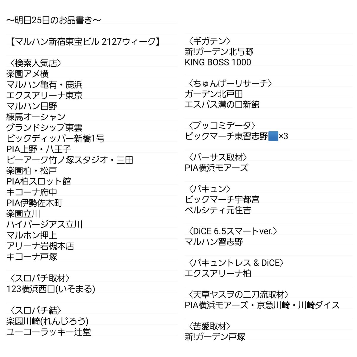3/25
神奈川マルハン×スロパチ取材
🚩鶴見・綾瀬上土棚・横浜町田・川崎桜本・都筑
🅿️ぱちまる【2BOXプラツー】
→メイン機種中心に面構え✅
オプチャでも情報配信中✍️
⬇スロパチOC
https://t.co/MDVzuc7jsV
🅿️ぱちまる
🚩マルハン鶴見
https://t.co/5kGoIHre2Y
前回対象:ゴジエヴァ-乃木坂BOX…