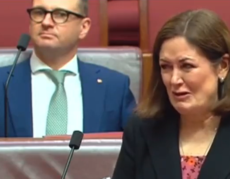 Senator who called the police on an aged pensioner for waiting on the footpath outside her office, cries (tearlessly) when challenged about text messages she sent about an MP.

Someone should have told the guy behind her to look empathetic.
#auspol