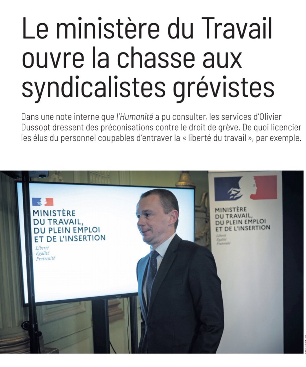 Portes_Thomas's tweet photo. Révélation l’@humanite_fr Dussopt organise la répression des grévistes. Dans une note interne le ministère du travail dresse une liste de préconisations pour virer les grévistes et faciliter la chasse aux syndicalistes. Qui reconnaît encore la légitime de ce « ministre» ? Dehors https://t.co/BRXhztU6at