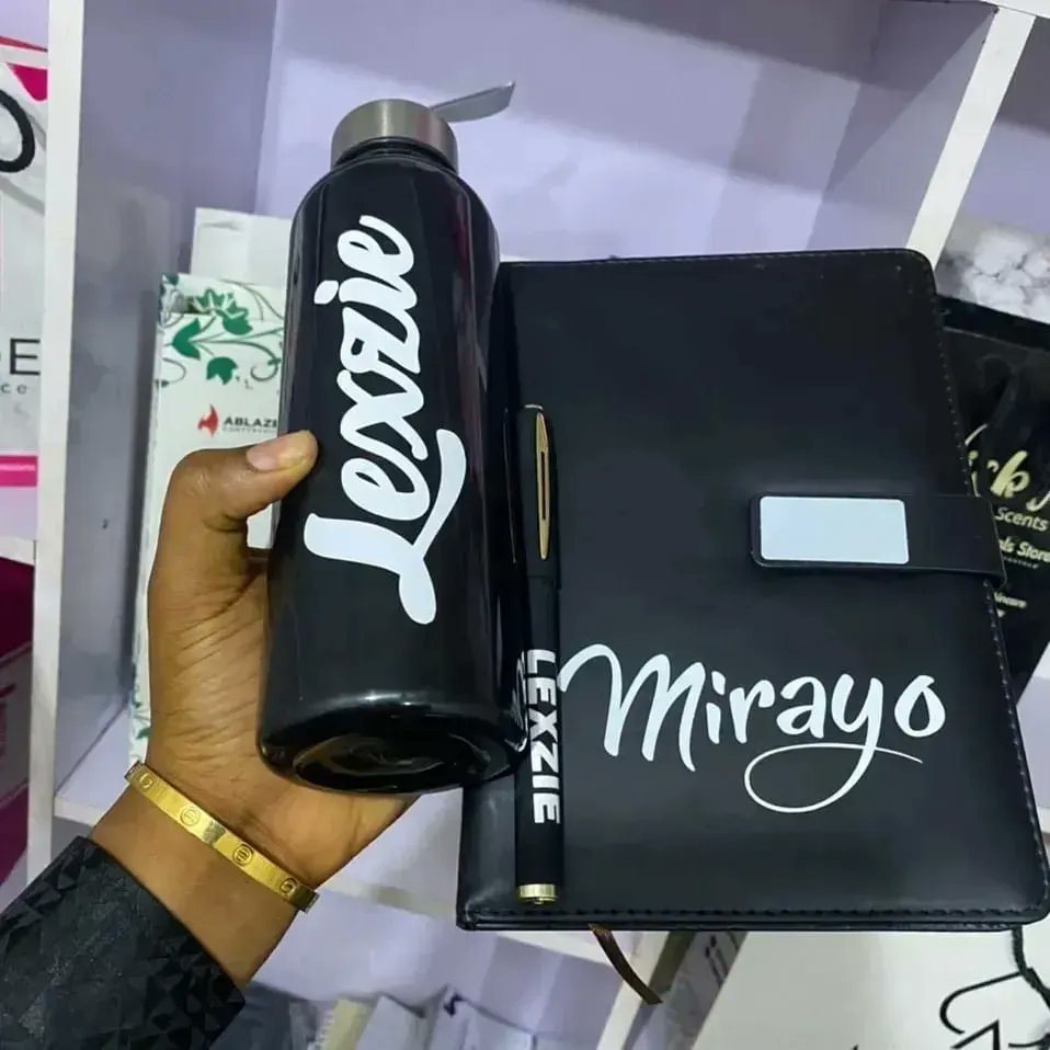 @_theladymo Instead of using the usual 60 leaves notes or event jotters Why not go for something Boujee 🥰 Like a thick leathered notepad/journal with your name on it And/or get a cool bottle or flask with your name on it 😉 Classy right 😎 wa.me/+2349039727877 to get yours