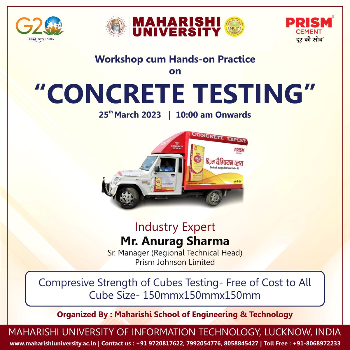 The School of Engineering & Technology at Maharishi University of Information Technology is organising a workshop cum Hands-on Practice on 'Concrete Testing' on 25th March 2023. It's free for all stakeholders.

#MuitIndia #ConcreteTesting #MUIT #workshops2023 #admissions2023