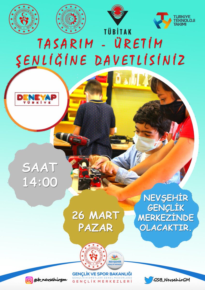 Tasarım - Üretim şenliğine davetlisiniz

📍Nevşehir Gençlik Merkezi
🗓️26 Mart
⏰14:00

#DeneyapTürkiye
#GSBNevşehirGM