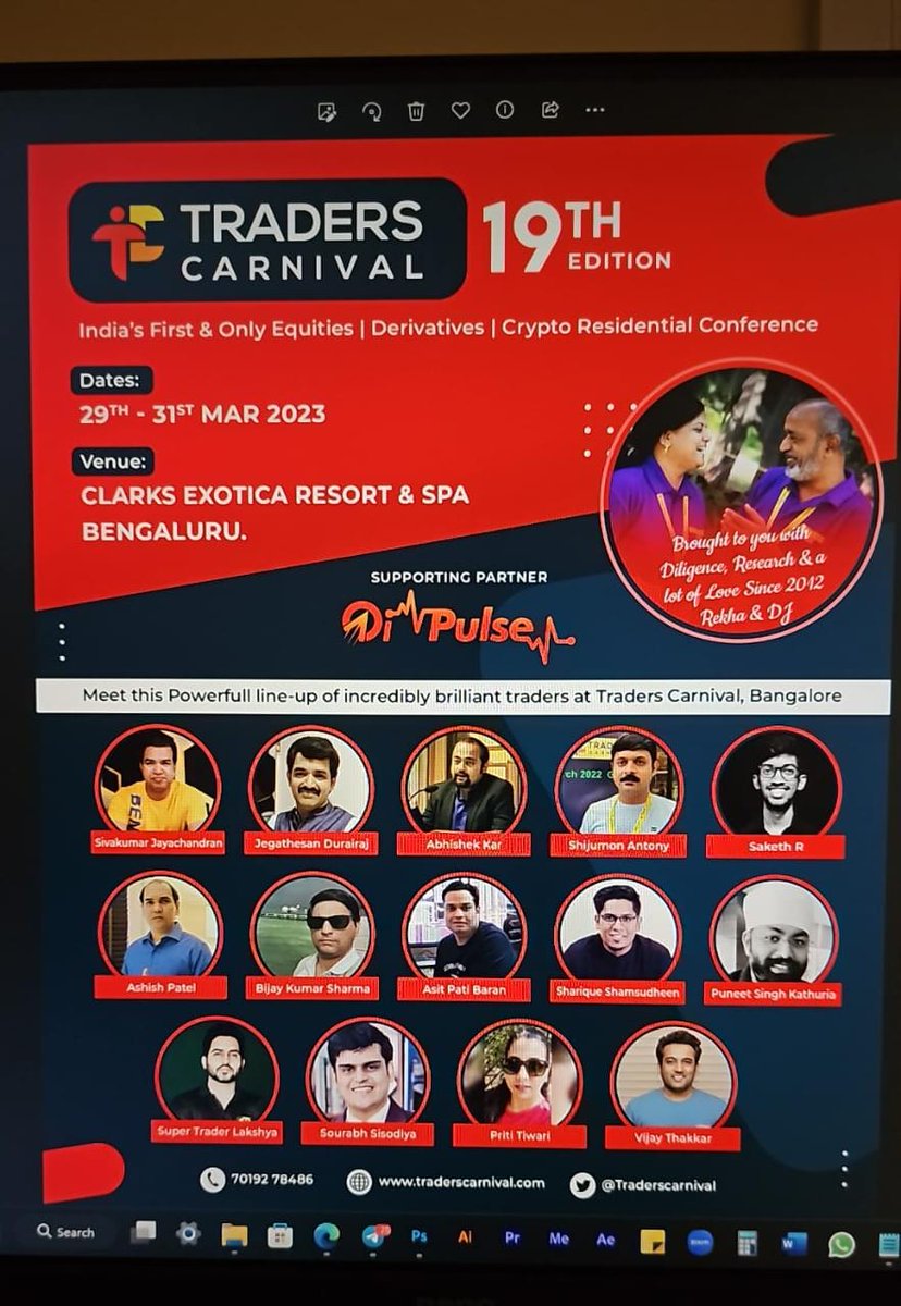 Traderscarnival's tweet photo. Tl:dr-1 - Happy to share the Combo option of the 19th Edition of Traders Carnival - the 4 day option at Bangalore starting next week is now SOLD OUT!

Tl:dr-2 - The 3 day option is still available for now with a limited number of  seats. Those interested can grab their seats using their favorite speakers' discount code today.

Rekha and I visited the Clarks Exotica for a last minute site preparedness for the 19th Edition of Traders Carnival. 

While its been a 11 year journey for us, it never gets old or boring. New exciting experiences, with tons of ideas from every event keeps us going with greater vigour. 

So here are a couple of updates post a meeting with our contact at the hotel.

The site is now checked out for Internet, food menu options, Jain food, seating arrangements - the conference hall has been nicely modified now from the last time we were there in July of 2022

So we have the most asked for LIVE trading of Monthly expiry on 29 March, key trading insights and strategies from speakers presenting, great ambience - The Clarks Exotica is a nice 5 star resort with over 70 acres of greenery, great food, interesting adult beverages, and some. 

All in all, the Carnival should be a great place for you to be part of this March while taking away some splending ideas while making friendships for life.

Hope to see you there, join us by registering today at https://t.co/ya4k07eIsF

call 7019278486 for information.

Best Regards

Rekha and DJ