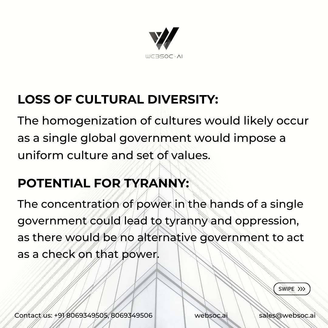 Websoc_AI's tweet photo. What if the world had only one government?

If the world had only one government, it would have profound and far-reaching implications for politics, economics, and society as a whole. Here are some potential outcomes:

𝐕𝐢𝐬𝐢𝐭 𝐮𝐬 𝐚𝐭: https://t.co/BeuTR96Q63 https://t.co/rxFuaKMt1E