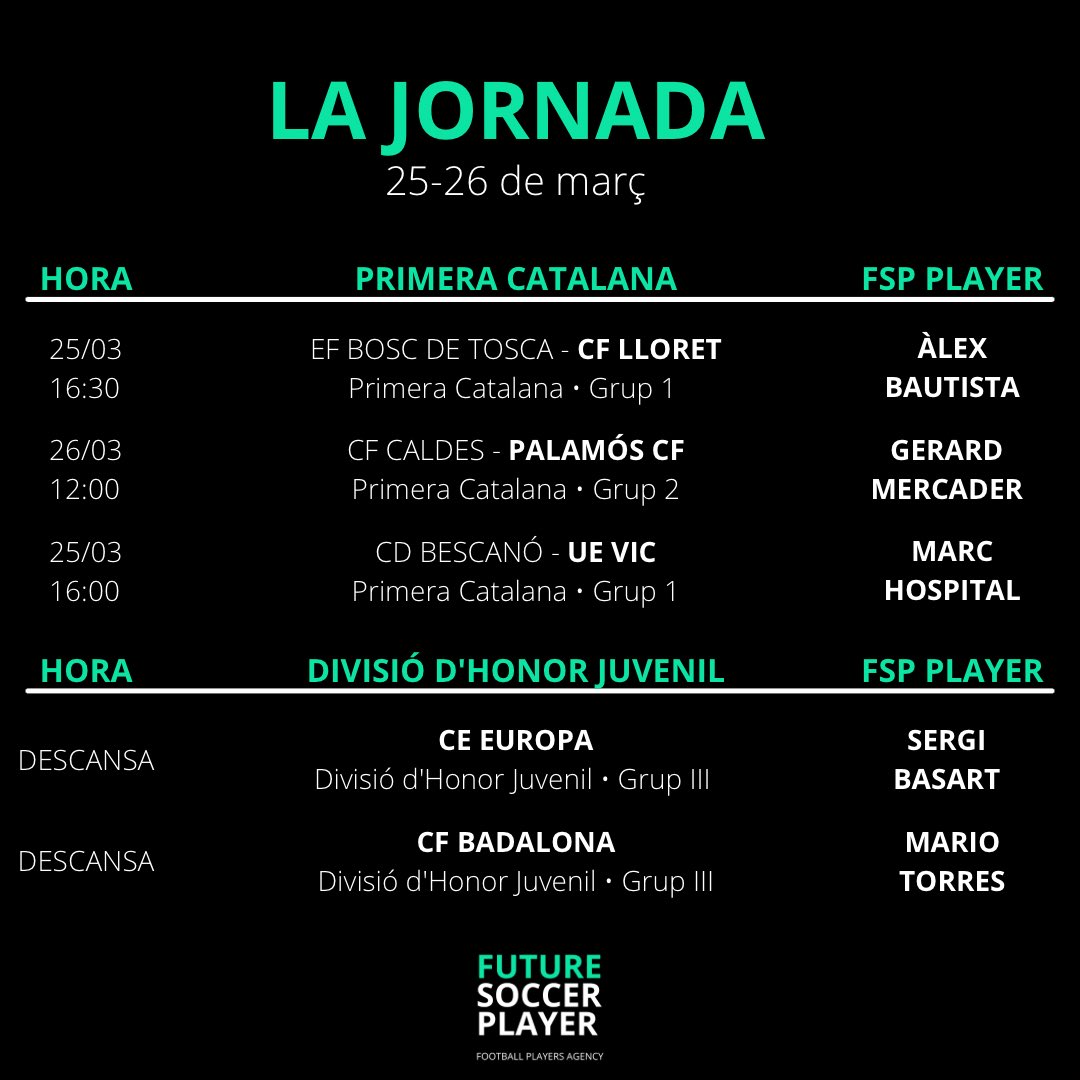 fsp_management's tweet photo. Els partits dels nostres jugadors d’aquest cap de setmana. Molta sort a tots! 💪🏼 #WeAreFSP https://t.co/9jOJo7Ry7X