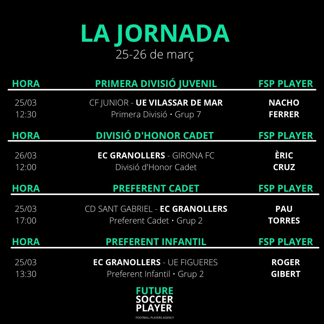 fsp_management's tweet photo. Els partits dels nostres jugadors d’aquest cap de setmana. Molta sort a tots! 💪🏼 #WeAreFSP https://t.co/9jOJo7Ry7X