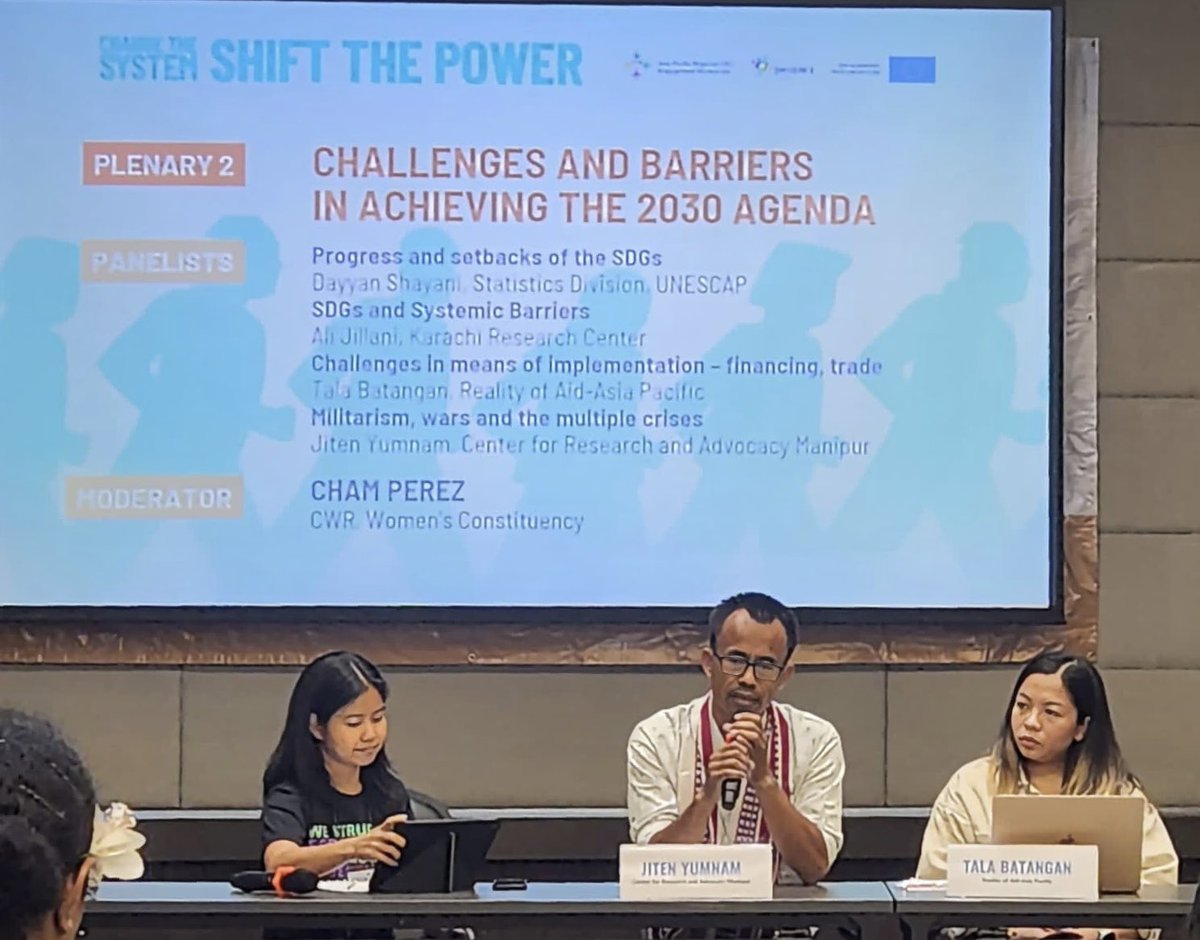 realityofaidAP's tweet image. For #APPFSD2023, Tala Batangan of RoA-AP and Jiten Yumnam of CRAM speak on the challenges in achieving the 2030 Agenda. They highlighted how corporate capture and the perpetuation of conflict hinders progress in the SDGs, citing the need change the system and shift the power!