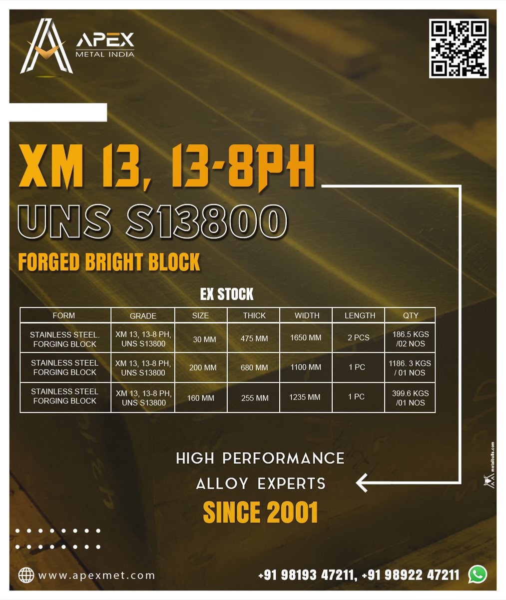 apexmetalindia's tweet photo. Introducing the XM 13, 13-8Ph #forgedbrightblock, the ultimate solution for your industrial needs!
Visit Us:- https://t.co/cUZbkSScUp
Contact us:- 9136007211
#ApexMetalIndia #Apex #forgedbrightblock #XM13 #UNSS1380 #alloys #highperformancealloys #NickelAlloys #duplexsteel https://t.co/Gjmx7U4gxi