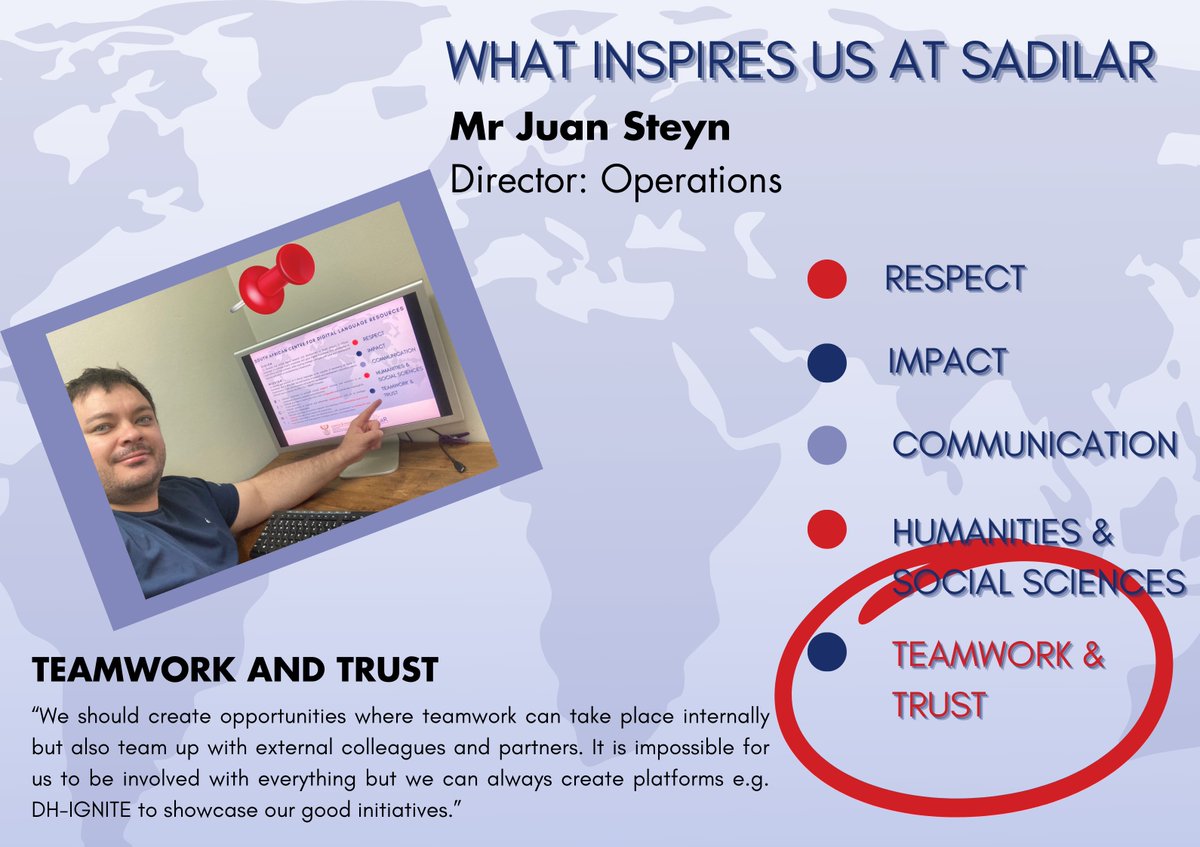SADiLaR_ZA's tweet photo. TEAMWORK AND TRUST - Mr Juan Steyn
As the Director of Operations at SADiLaR, Juan knows teamwork's role in reaching a wider audience and making an impact.
#SADiLaR #RICH+T https://t.co/ozTvQtso9V