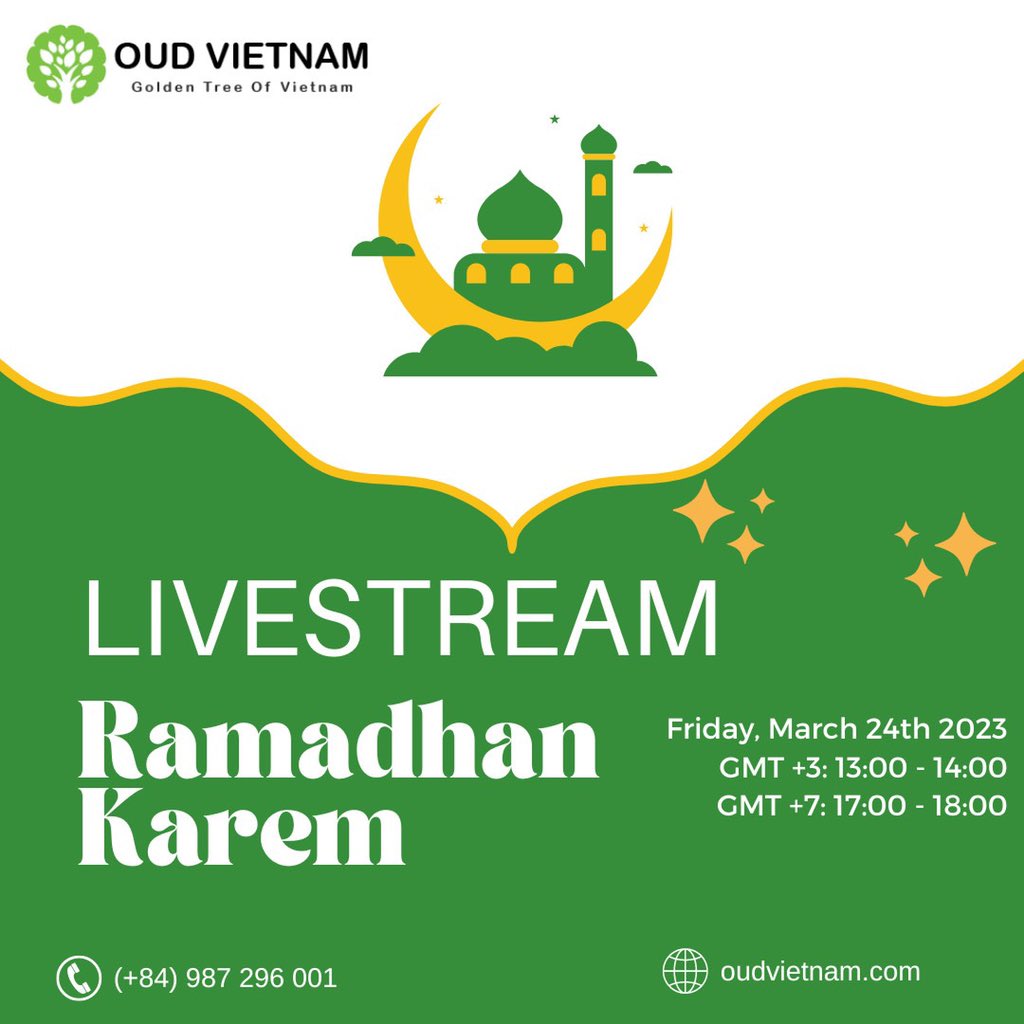 OudVietnam's tweet photo. "Friday, March 24th 2023
Join us with our Livestream this afternoon for special promotion on Ramadan up to 40% with freeshipping global 😍
#livestream #bigvouchers #oudvietnam_goldentreenofvietnam #specialgift  #livewithus #joinwithus #RamadanSale #RamadanOffers https://t.co/i3PKoSwAZg