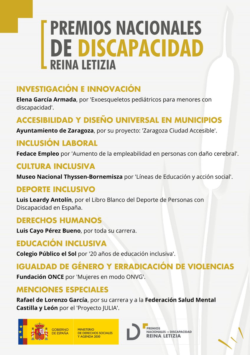 RPDiscapacidad's tweet photo. 🎉 ¡Fallados los #PremiosNacionalesDiscapacidad Reina Letizia 2022! 

🏆 Ya en el @boegob: https://t.co/YRJj7VWSfd🏆 

𝗣𝗼𝗿 𝗹𝗮 𝗱𝗶𝘀𝗰𝗮𝗽𝗮𝗰𝗶𝗱𝗮𝗱 𝗰𝗼𝗻 𝗹𝗮 𝗱𝗶𝘀𝗰𝗮𝗽𝗮𝗰𝗶𝗱𝗮𝗱. Conoce a las candidaturas ganadoras de este año en este #hilo🧵👇 https://t.co/HuBKi0VUgU