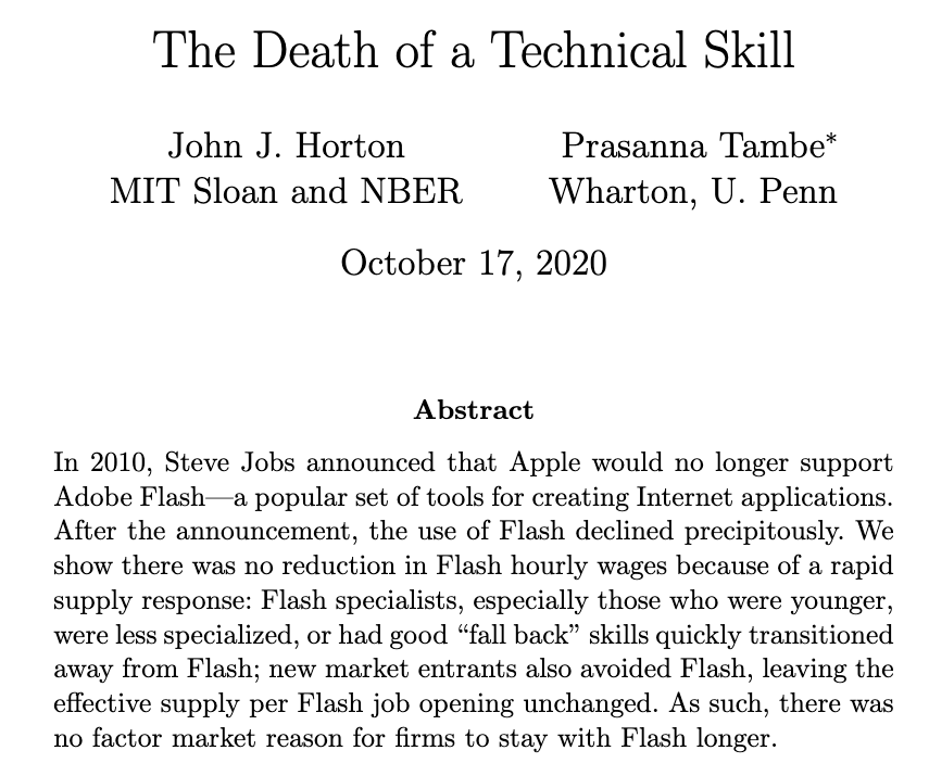Death of a technical skill
It's a good time to revisit this modern classic. It studies what happened to Flash programmers when Steve Jobs obliterated their tools. 
john-joseph-horton.com/papers/schumpe…