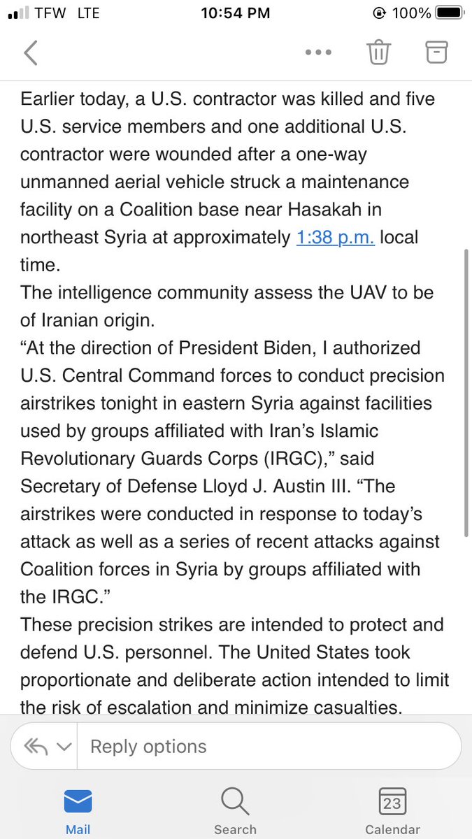 haltman's tweet image. US strikes facilities in Syria used by groups affiliated with Iran’s Islamic Revolutionary Guards Corps (IRGC) after US contractor killed, 5 US troops and another US contractor wounded by UAV said by IC to be of Iranian origin.