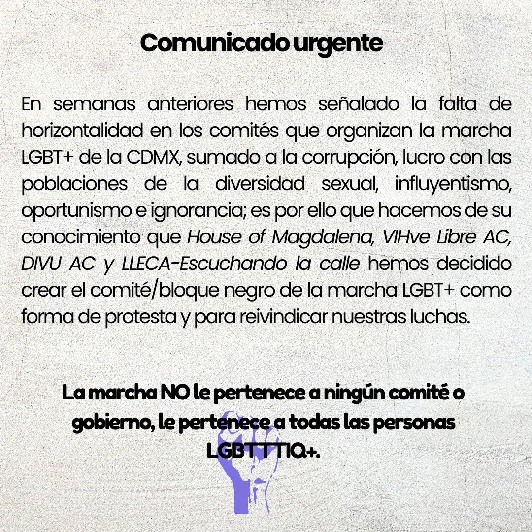 Alainwho's tweet photo. Claro que vamos a ir a la Marcha LGBTTTI. Porque las calles son de todxs, las calles son para la protesta, la exigencia y el festejo de nuestras existencias. Nos unimos e invitamos a TODXS a unirse al bloque negro para reivindicar nuestras luchas. La marcha no es de ningún comité https://t.co/Bxgd8YU1os