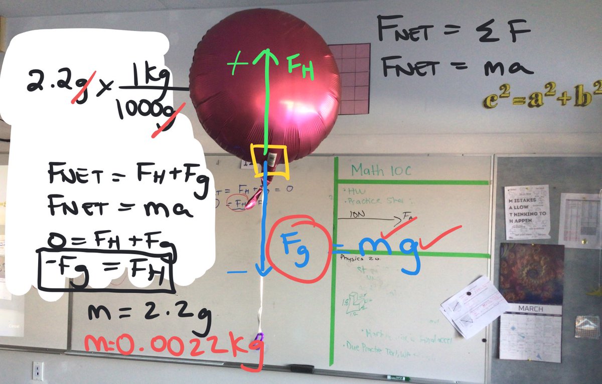 Fnet using helium balloons. Find two different ways to find the lift cause by balloon, one with only mass and one with a measuring tape, timer and mass. Find acceleration when we add 5 more hooks. #iteachphysics