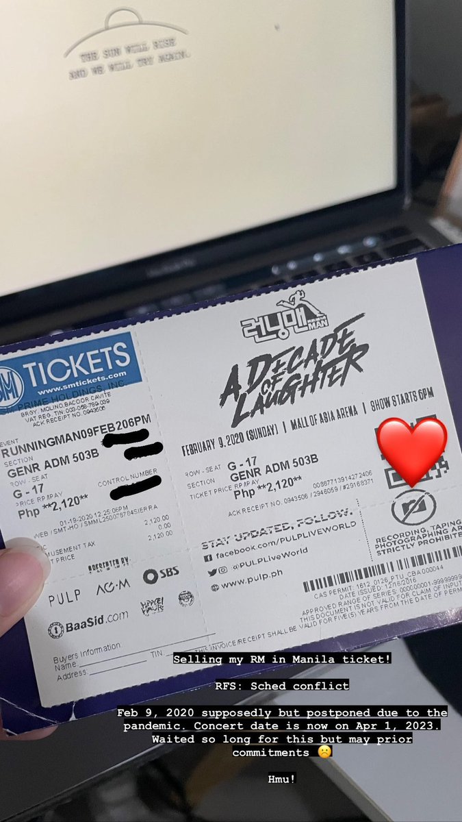 multiseoul_'s tweet photo. [SELLING]
#RMinManila #RunningManinManila #ADecadeofLaughterinManila

Hi guys, I am selling my GA Ticket for Running Man in Manila. Waited so long for this but conflict sched. 

Price is negotiable. GA 503B - G17

You can even message me on my personal account. https://t.co/fNPk9NXWrh