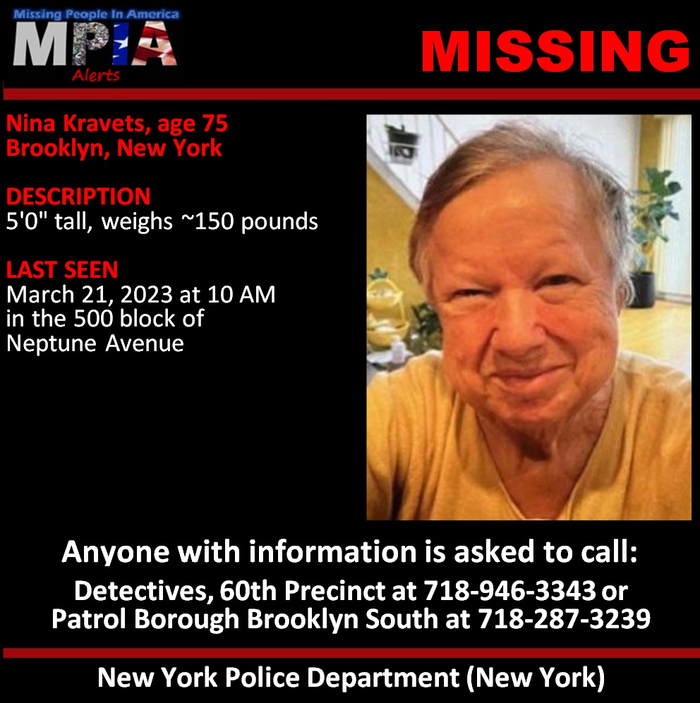 MissingPeopleAA's tweet photo. Nina Kravets, age 75
Brooklyn, New York
#Missing #MPIA_Alert #NewYork #Brooklyn
SOURCE
https://t.co/EKojf2wSIu https://t.co/Fi8oycNXBK