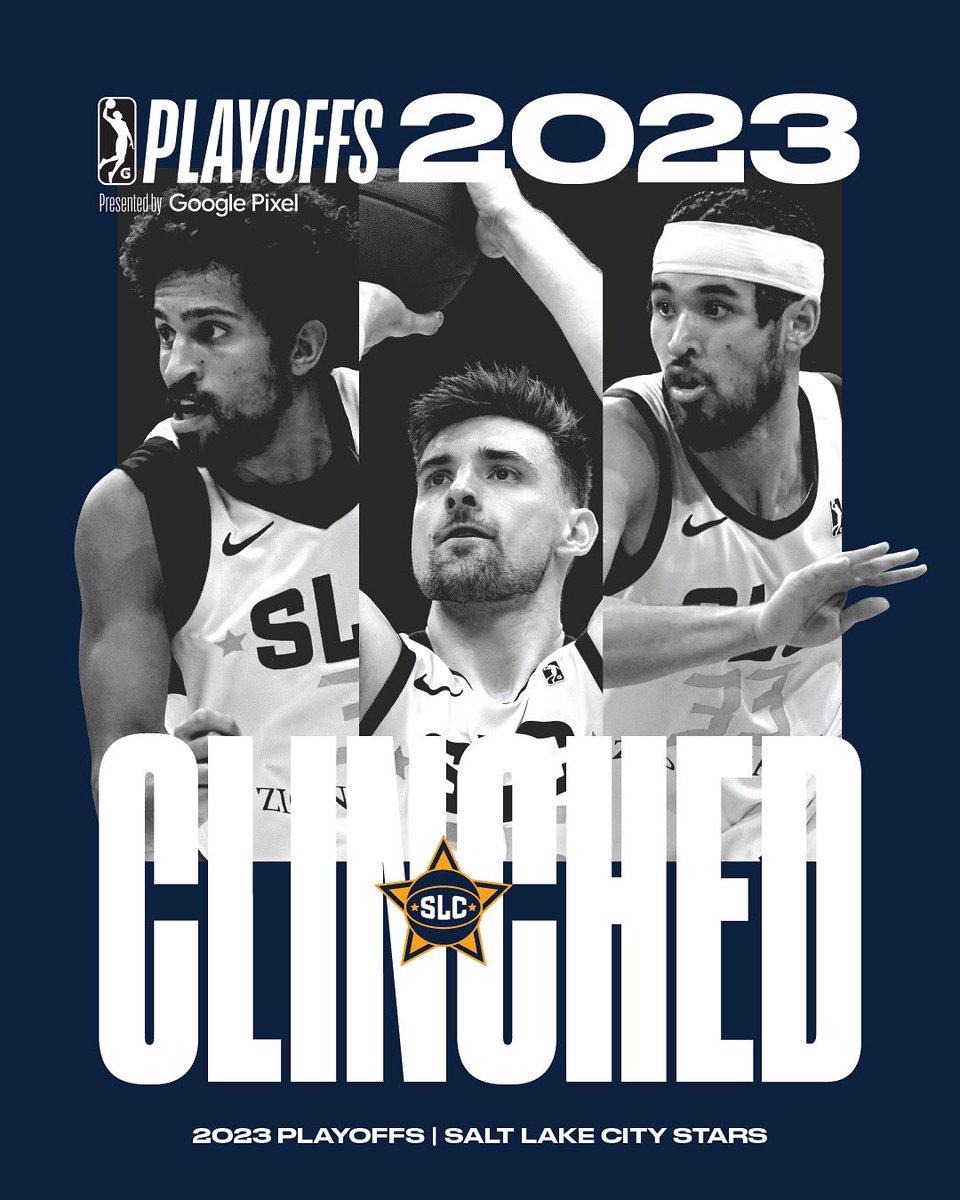 slcstars's tweet photo. 𝗪𝗘’𝗥𝗘 𝗜𝗡!!!!

With the win, the Stars have officially clinched a spot in the G League Playoffs and will host a home game at Vivint Arena next Tuesday or Wednesday!

#ItStartsHere https://t.co/EkgvjFMrUC