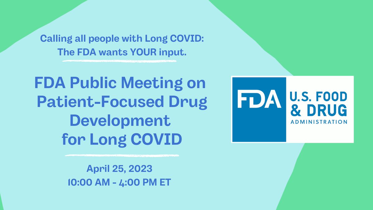 Calling all people with #LongCovid 

The FDA needs your input regarding drug development for #pwLC 

FDA/Public Meeting on Patient-Focused Drug Development for Long COVID will be on April 25, 2023. Sign up here: buff.ly/3z4olvs