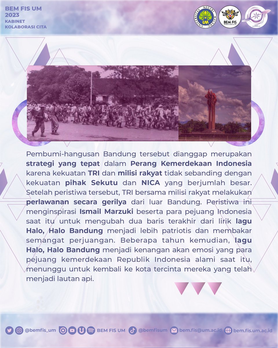 [PERINGATAN BANDUNG LAUTAN API 2023]
Halo Mahasiswa FIS UM!
Indonesia memperingati peristiwa Bandung Lautan Api tepat 77 tahun yang lalu.
Heroisme dan pengorbanan para pejuang Bandung patut dijadikan sebagai cerminan bangsa.
Selamat memperingati peristiwa Bandung Lautan Api!