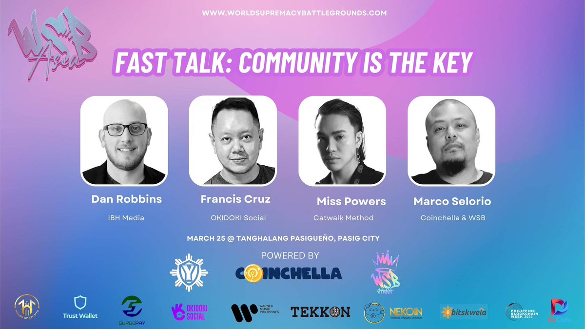 OkidokiSocial's tweet photo. Community is the Key for these amazing & inspiring speakers of WSB Asia Collab Fest.
Let's welcome
Dan Robbins,
Miss Powers,
@marcoselorio7 Founder of @coinchellaclub and @WSBASIA and our very own,
@CryptoCruzin.
#okidokisocial #WSB #WSBAsia #community #fasttalk #nft #web3 https://t.co/MnIiZG67IU