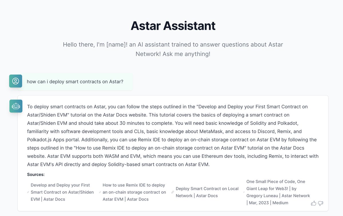 ChatGPTを用いたAstar専用のアシスタントボット出来つつある。スマートコントラクトのデプロイの仕方とかなんでもQA回答できる。コミュニティマネジメントとかだいぶ楽になりそう。