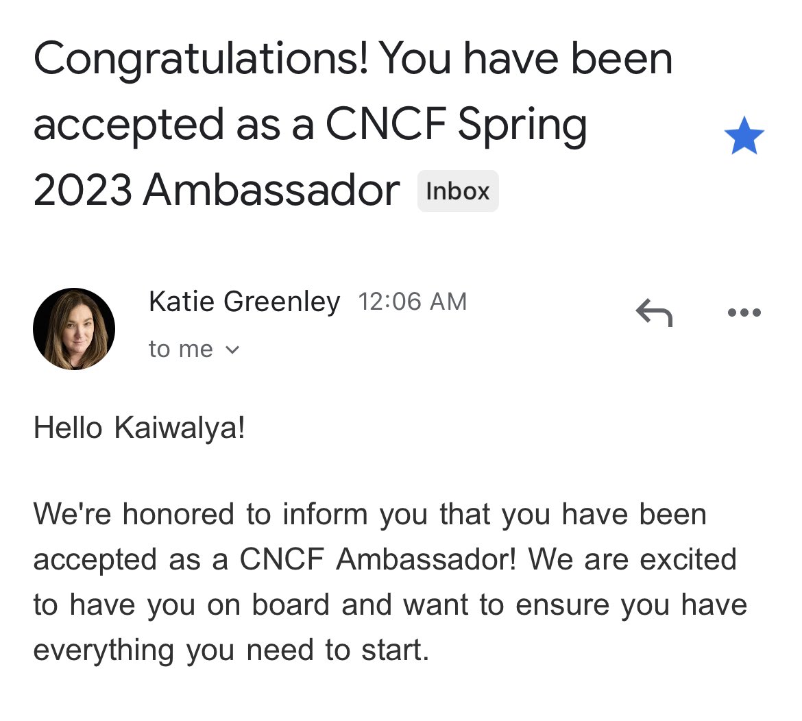 kaiwalya_'s tweet photo. I'm excited to be part of the new @cncfambassadors 🚀#CloudNativeAmbassador program! https://t.co/kGAUPbbbyV