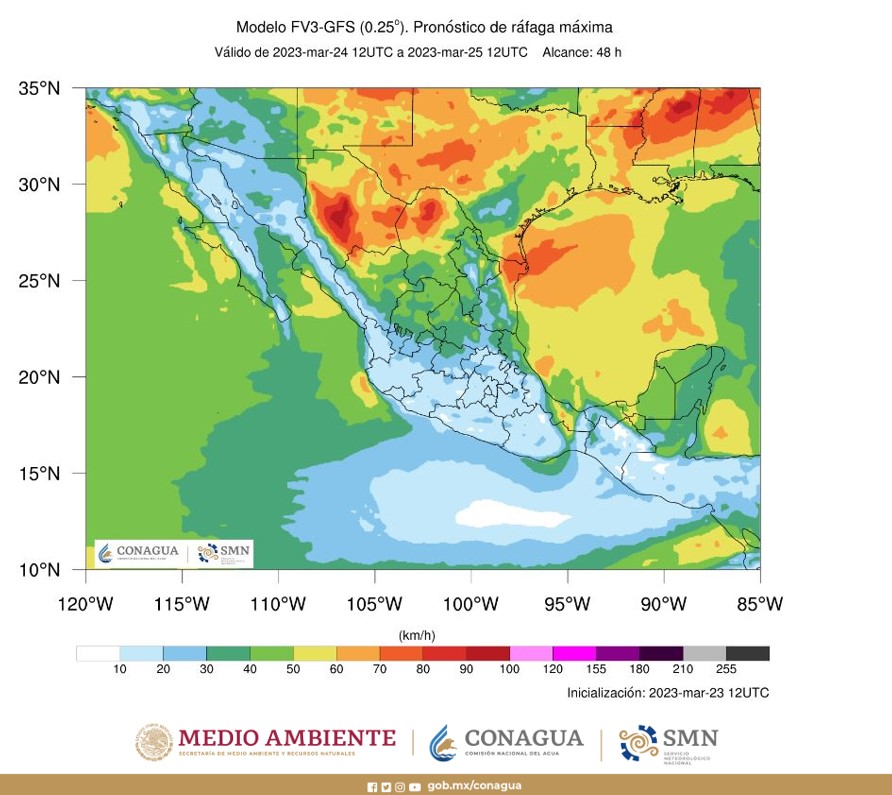El #FrenteFrío 44 ingresará al noroeste de México y propiciará fuertes #Rachas de #Viento con #Tolvaneras  en #Chihuahua, #BajaCalifornia, #BajaCaliforniaSur,  #Durango, #Sonora y #Sinaloa.

#Pronóstico a 72 horas
➡️smn.conagua.gob.mx/es/aviso-de-no…