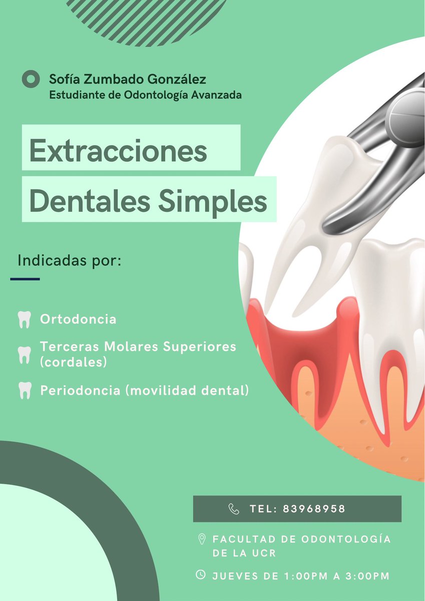 Hola! Busco pacientes para exodoncias simples indicadas por las siguientes condiciones; cualquier consulta me pueden contactar al número que esta en la imagen o por acá 🦷🫶🏻